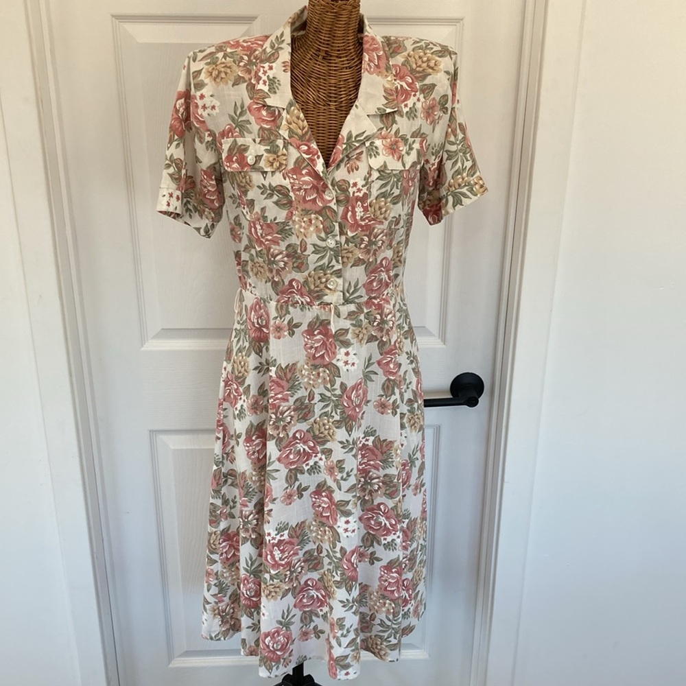 STUART ALAN Vintage 80s Cottagecore White & Pink Floral Dress w/ Shoulder Pads S